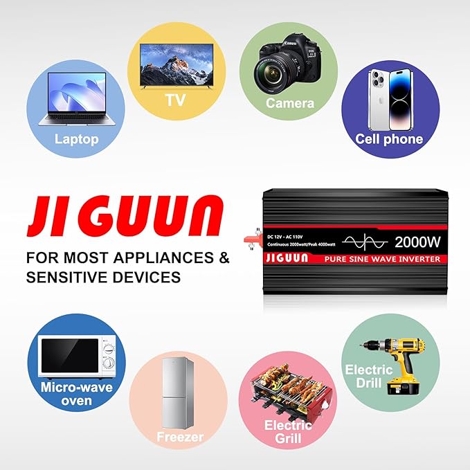 JIGUUN 4000W Peak Pure Sine Wave Power Inverter 2000 Watt,12v DC to 110/120v AC Inverter 3 AC & USB Output,Power Converter LED Display for Home RV Camping Outdoor Car Truck