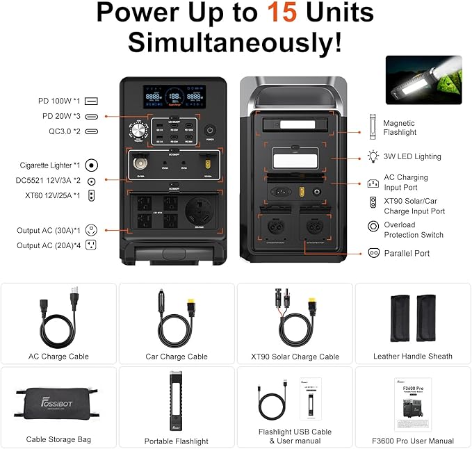FOSSiBOT F3600 Portable Power Station, 5 x 120 V AC Output 3600 W/3840Wh LiFePO4 Battery Electric Solar Generator for Garage, Home, Off-Grid Living, Camping, RVs, Outdoor Adventures, Power Outages