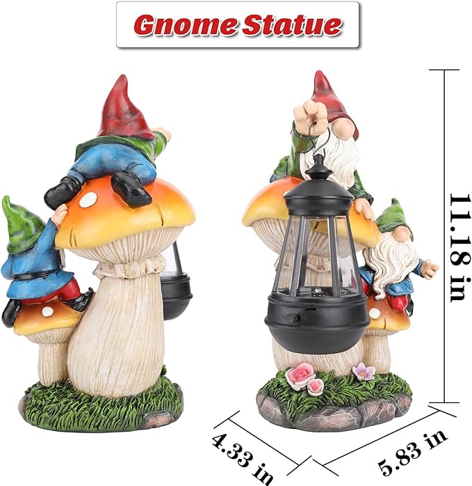 Garden Gnome Statue, Large Funny Gnome Figurine Climbing on Mushroom and Holding a Solar LED Lantern Resin Ornament for Patio Yard Lawn Porch Outdoor Decor