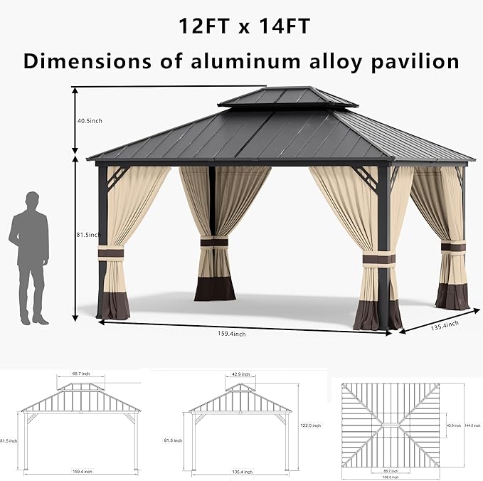 12x14ft Hardtop Gazebo Double Roof, Outdoor Pavilion with 2-Layer Hard top Galvanized Iron Frame Garden Tent, Suitable for courtyards, backyards, Decks, and Grass