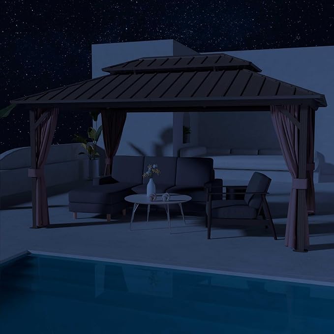 12'x16' Hardtop Gazebo, Outdoor Aluminum Frame Galvanized Steel Double Roof Pavilion with Netting and Shaded Curtains, Permanent Metal Pergolas for Patio, Backyard, Deck and Lawns.