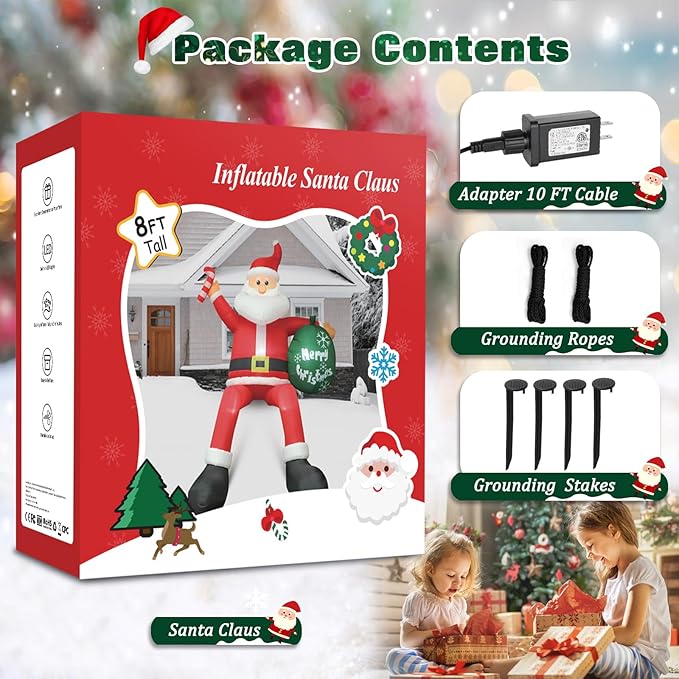 8 FT Christmas Inflatable Santa Claus Outdoor Decorations, Blow up Sitting Santa Claus with Gift Bag, Climbing Santa Carrying Present Sack Sitting on Roof, Xmas Yard Patio Bench Shrubs Indoor Decor