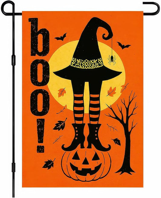 Boo Halloween Garden Flag 12x18 inch Double Sided Witch Hat Legs Jack-O-Lantern Banner Spooky Pumpkin Flags Small Yard Flag for Halloween Outdoor Decoration Porch Lawn Garden Decor