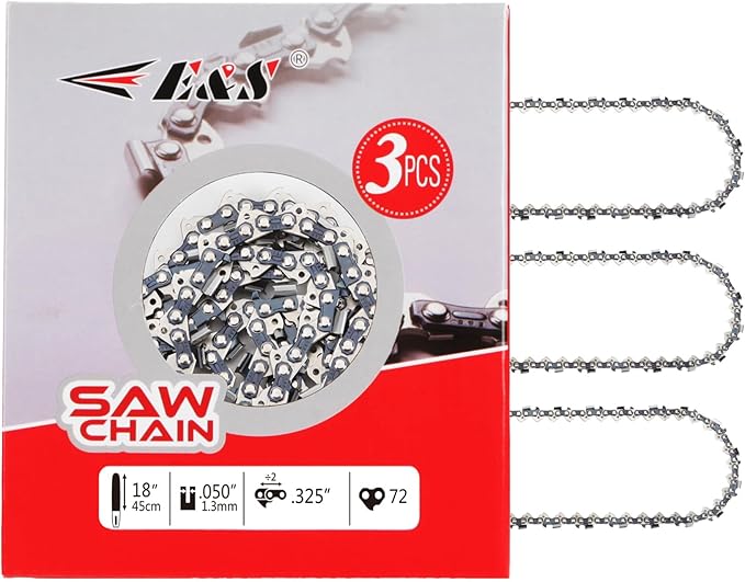E & S 3 Pack 18 Inch Chainsaw Chain .325" Pitch .050" Gauge 72 Drive Links Semi-Chisel Chain Saw Chains for Husqvarna, Poulan, Craftsman, Greenworks and More Chainsaw Brands
