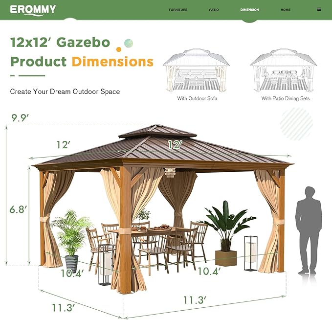 EROMMY 12' x 12' Gazebo, Wooden Finish Coated Aluminum Frame Canopy with Double Galvanized Steel Hardtop Roof, Outdoor Permanent Metal Pavilion with Curtains and Nettings for Patio, Backyard and Deck