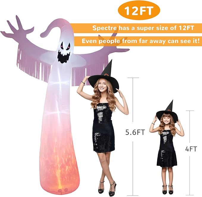 12FT Halloween Inflatables Outdoor Decorations: Inflatable Ghost with Fire Flame and Blinking Red Eyes, Blow up Decor for Yard Garden Lawn Home Holiday Party