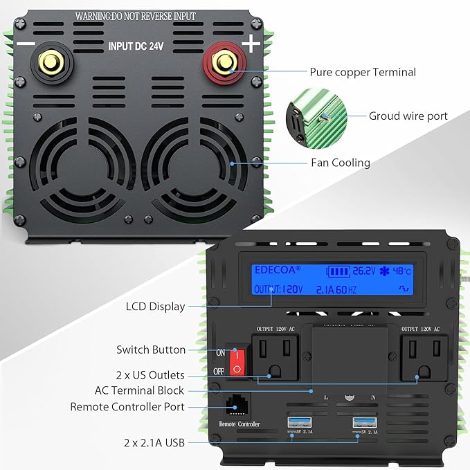 EDECOA 3000W 24 Volts Power Inverter DC 24V to AC 110V 120V 3000 Watts Power Converter for Car Truck RV with LCD Display and Remote Controller (3000W 24V)