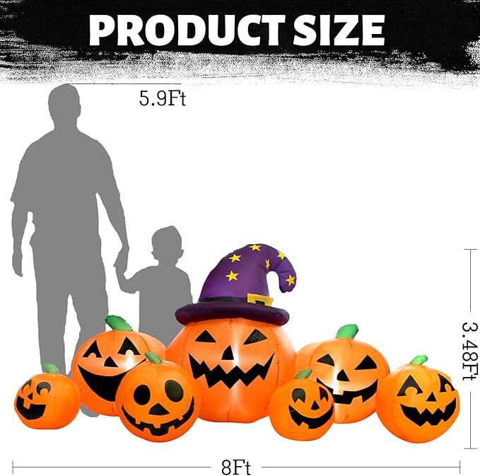 8FT Long Halloween Inflatables Pumpkin Outdoor Decorations, Halloween Blow Ups Inflatable Pumpkin for Yard, Garden, Lawn with Witch Hat and 7 LED Lights