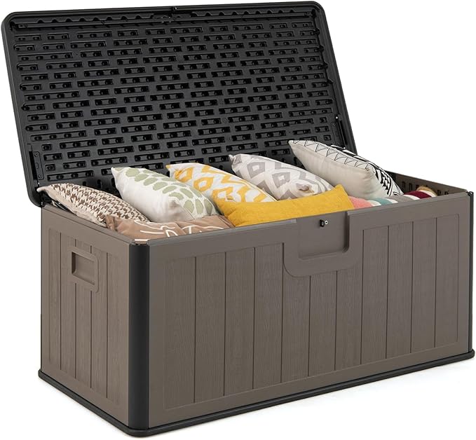 Tangkula 100 Gallon Outdoor Storage Box, Resin Outdoor Storage Bench with Lockable Lid, Waterproof Deck Box for Garden Tools, Pool Accessories, Cushions (100 Gallon,Black+Brown)