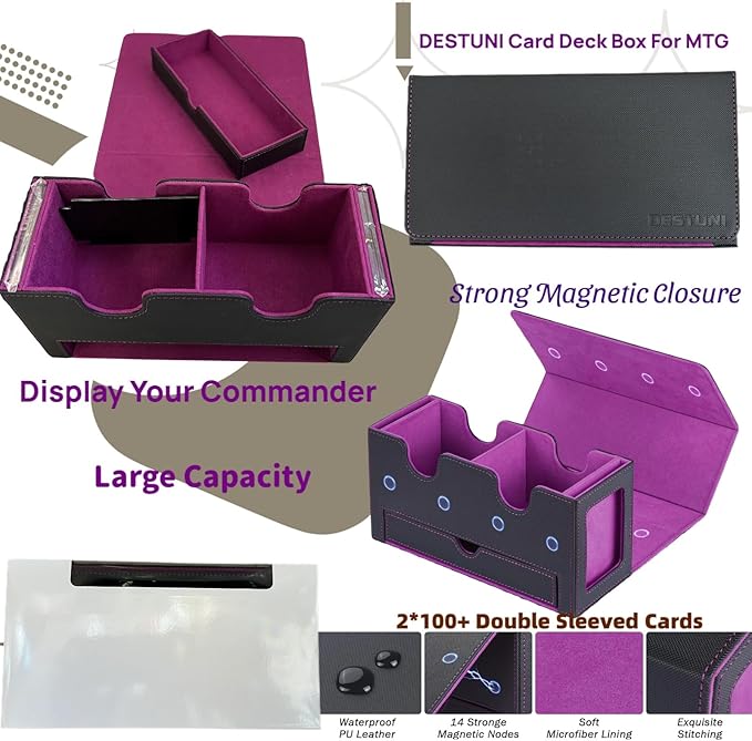 Card Deck Box for mtg – Fits 100+ Double-Sleeved Cards, Dual Commander Display with Dice Tray, PU Leather Organizer for TCG, CCG, Sports Cards (Black&Purple)