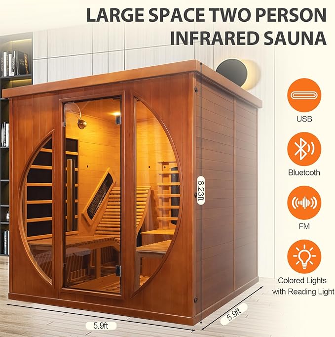 Smartmak Full Spectrum Infrared 2 Person Sauna Room, Red Light Therapy Luxury Wood Home Sauna with Recliner, Canadian Red Cedar Indoor Dry Saunas Spa, 3400W with 10 Heaters, Speaker, Light, Oxygen Bar
