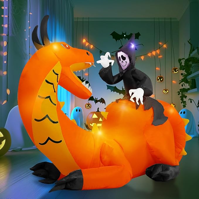 8FT Halloween Inflatables Dinosaur Outdoor Decoration, Grim Reaper Riding Dinosaur with 5 LED Lights Built-in Blow Up, Holiday Outside Decor for Yard Lawn Patio Garden Party