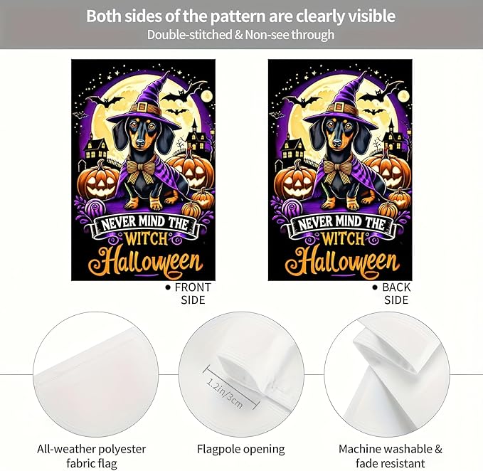 Witch Halloween Garden Flag 12 x 18 Double-Sided Witch Hat Dachshund Dog Garden Flag Fall Pumpkins Seasonal Holiday Outdoor Yard Flag Lawn Party Decorations Banner