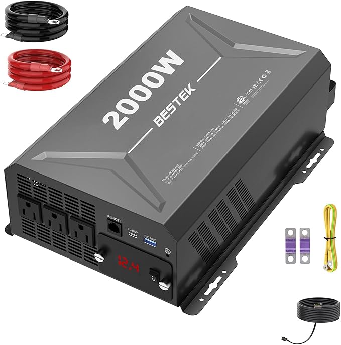 BESTEK 2000W Car Power Inverter, DC 12V to 110V AC Converter Car Outlet Adapter with USB-C PD30W QC18W Cigarette Lighter Plug, 3 AC Charger Outlets and Dual USB Ports for RV Road Trips
