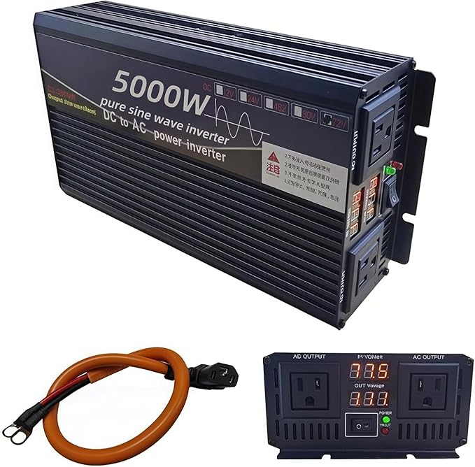 5000 Watt Power Inverter 72V DC to 110V AC Converter, LED Display with 2 AC Outlets Dual Fans Radiating for RV, Camp and Home, Electric Tool Pure Sine Wave Inverter (110V, 5000W 72V)