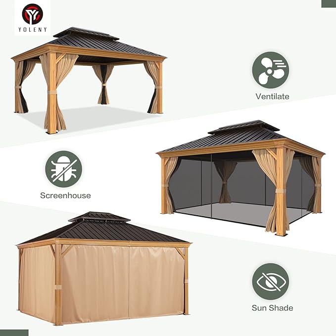 YOLENY 12' x 14' Hardtop Gazebo, Wooden Finish Coated Aluminum Frame Gazebo with Galvanized Steel Double Roof, Outdoor Permanent Metal Pavilion with Curtains and Nettings for Patio, Lawn & Garden