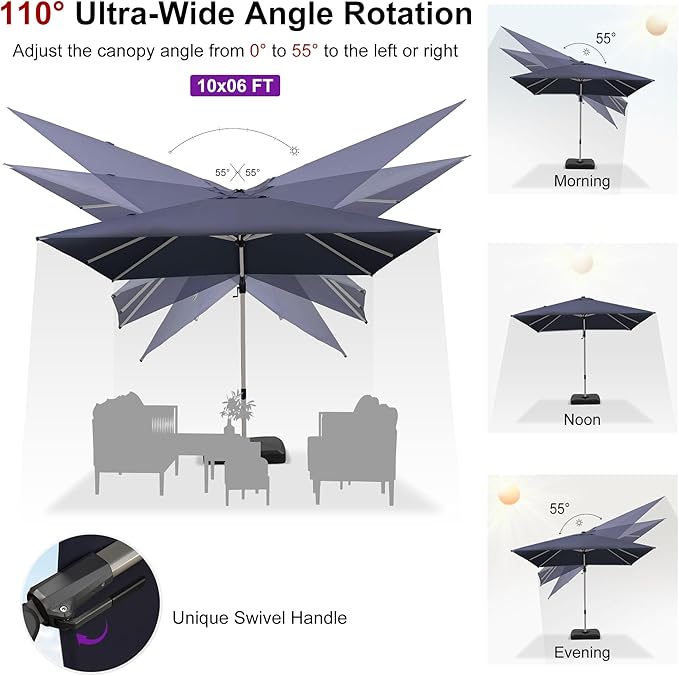 PURPLE LEAF 10' X 6.5' Left-right Tilting Patio Umbrella with Base Outdoor Swivel Cantilever Offset Aluminum Umbrella with Champagne Frame and 360-degree Rotation for Garden Deck Pool, Navy Blue