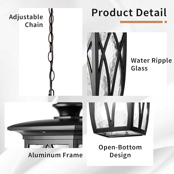 12'' Outdoor Pendant Light Fixture, Exterior Hanging Lantern, Modern Black Metal Outside Chandelier Light Fixture Ceiling Mount with Water Ripple Glass & Adjustable Chain for Porch, Gazebo, Front Door