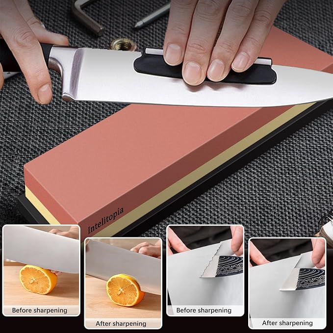 Intelitopia Complete Knife Sharpening Stone Set – Dual Grit Whetstone 400/1000 3000/8000 Knife Sharpener with Leather Strop, Flattening Stone, Bamboo Base, 3 Non-slip Rubber Bases & Angle Guide
