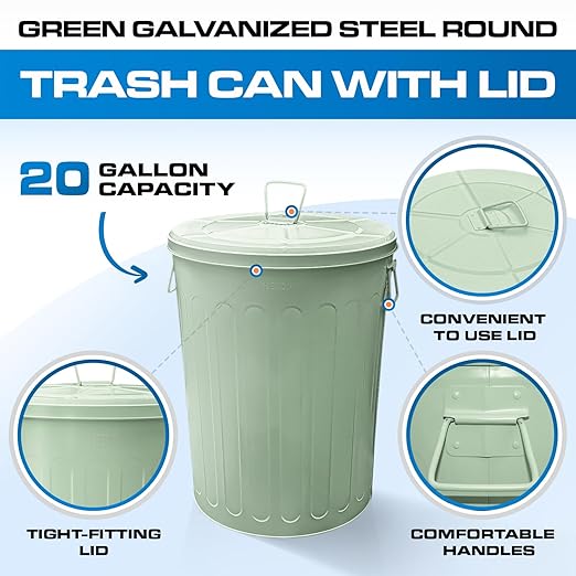 Plexon Large Metal Trash Can with Lid 20 Gallon, Decorative Outdoor Trash Can Heavy Duty Galvanized Metal Bucket with Lid for Garage Workshop Ash Storage Farmhouse, Green 2 Pack