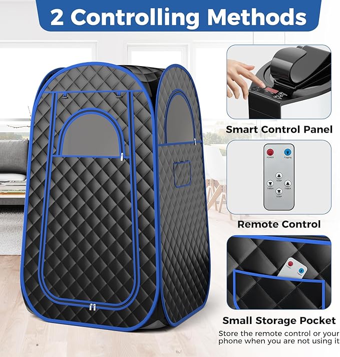 Giantex Portable Sauna, Full Body Steam Sauna w/ 3L Steam Box, Remote Control, Wood Foot Roller & Foldable Chair, Pop-Up Sauna Box for Single Person, Lightweight Personal Sauna Tent for Home (Black)