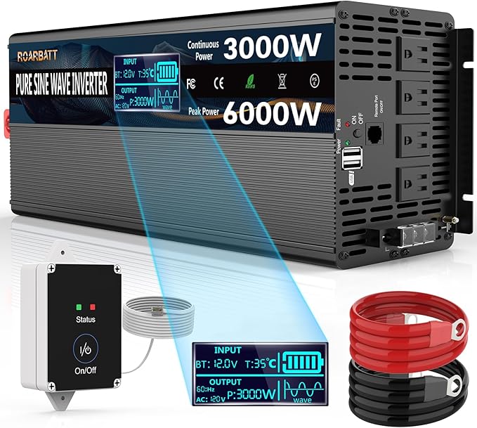Pure Sine Wave Power Inverter, 3000W 12V DC to 110V/120V AC, Peak 6000W - Remote Control, 4 AC Outlets, Dual USB, LED Display, Terminal Blocks for Truck/RV/Car/Solar