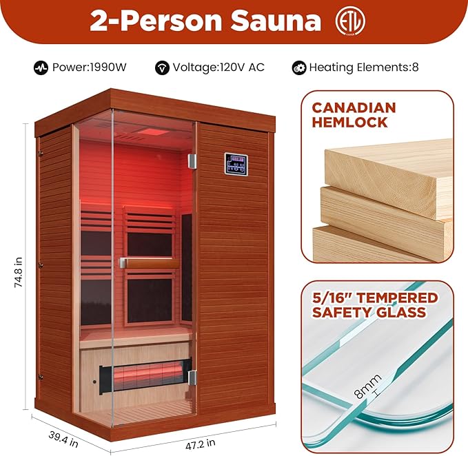 OnxyEdge 2-Person Full Spectrum Sauna with 6.5 * 6.5" Red Light Therapy & 2 Built-in Speakers, Indoor Dry Sauna 1990W/120V with Dual LED Controls for Home & Gym – Canadian Hemlock Spa Room (Wood)