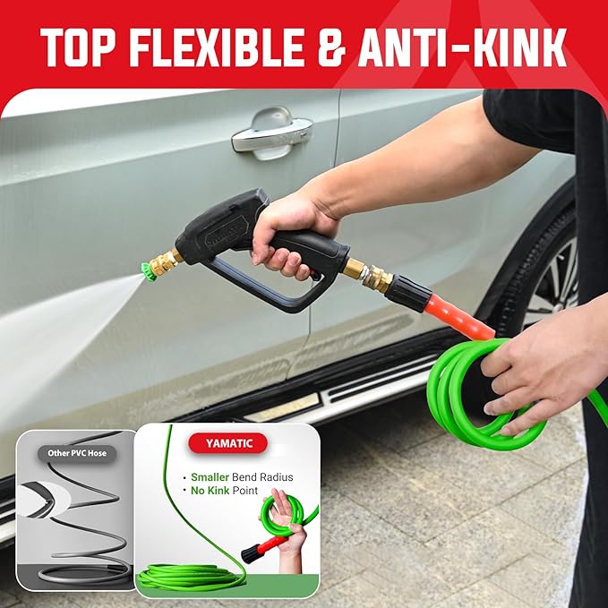 YAMATIC Short Pressure Washer Gun and Hose, 50 FT Flexible Hose with Stubby Power Washer Trigger Handle, 3/8" Swivel Quick Connect & M22-14mm Adapter Replacement for Ryobi Simpson Craftsman (Green)