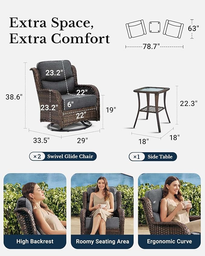 HILLGA Luxury Patio Furniture Set with 6-Inch Thick Cushions, High Back Outdoor Swivel Rocker Chairs and Table, 3-Piece All Weather Conversation Set for Porch Deck Balcony Yard, Dark Grey (V3)