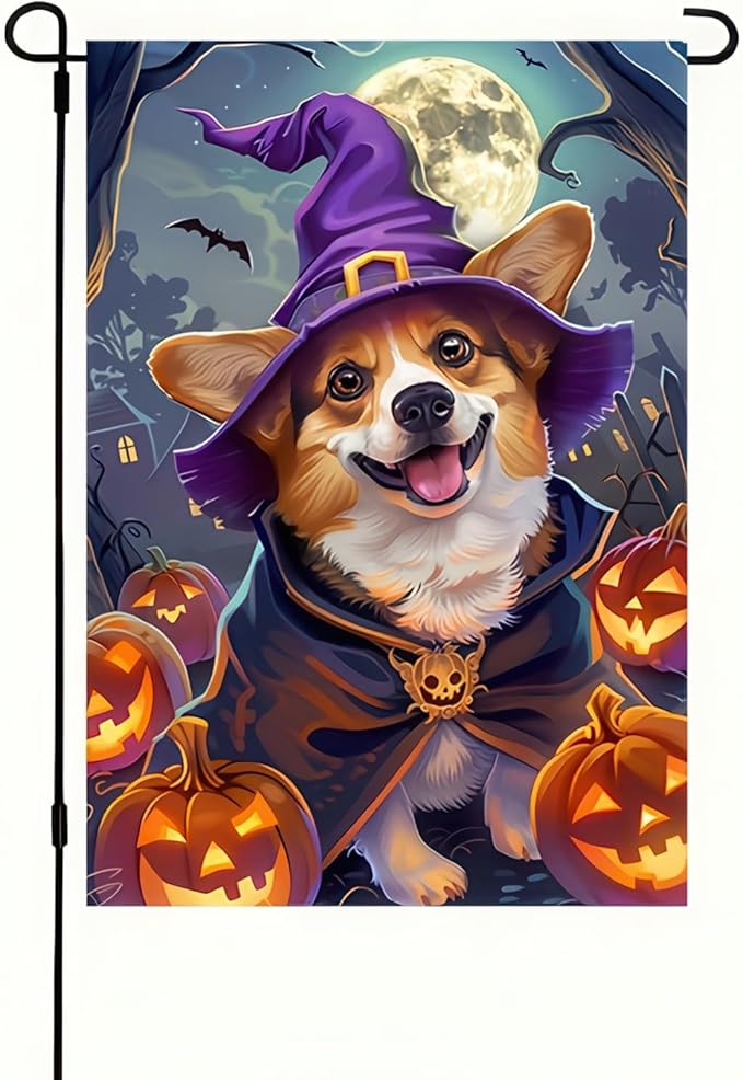 Halloween Decorations Outdoor Garden Flag 12x18 Inch Double Sided Corgi Dog Witch Hat Pumpkin Fall Decor Yard Lawn Porch Patio Halloween Garden Flags
