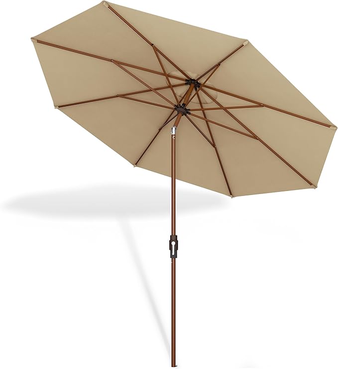 Midtown Umbrellas Sunbrella Umbrella Large Patio Umbrella 2-10 Feet Heather Tan Fabric, Auto-Tilt Aluminum Frame Backyard Umbrella, Deck Umbrella, Garden Umbrella & Porch Umbrella - Wooden Pole