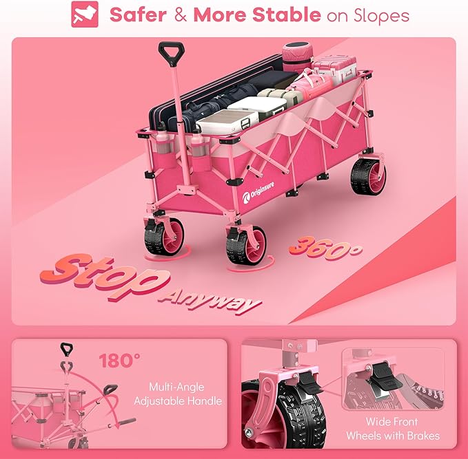 48" L Collapsible Wagon Cart Foldable, 560lbs Weight Capacity 300L Heavy Duty Folding Beach Wagons with Big All-Terrain Wheels, Utility Carts for Groceries, Shopping, Camping, Sports - Pink