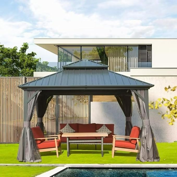 Domi 12’ X 12’ Hardtop Gazebo Canopy with Netting & Curtains, Outdoor Metal Gazebo with Galvanized Steel Double Roof for Patio Lawn and Garden, Gray