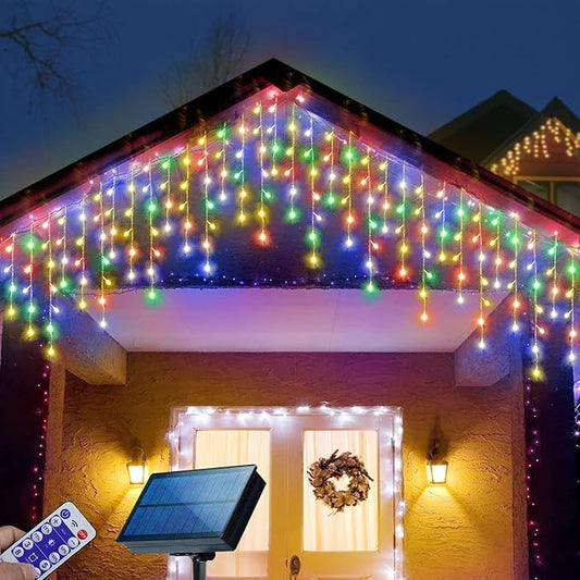 304 LED Solar Christmas Lights, Multicolored Outdoor Icicle Lights, 8 Modes Waterproof Solar Powered String Lights for Xmas Tree Patio Yard Garden Wedding Party House Eaves Roof Decorations