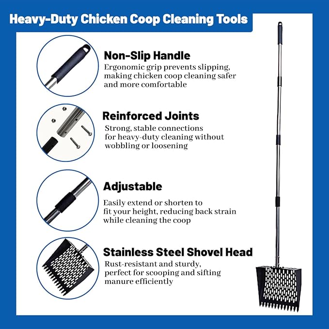 Chicken Coop Scoop 2-in-1 Chicken Poop Scooper & Rake - 62" Adjustable Sand Sifting Shovel Cleaning for Chicken Coops Animal Pens, Reinforced Joint