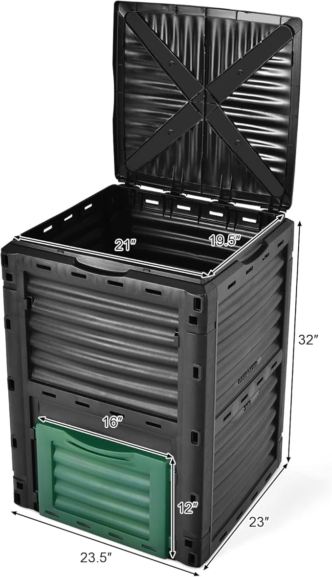 Happygrill Outdoor Compost Bin, Composting Box w/Top Flip Latch-on Lid,80 Gallons Composter for Kitchen Waste & Garden Scraps, Compost Barrel for Fast Creation of Fertile Soil (Black+Green)