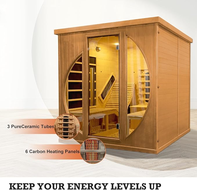 Far Infrared Wooden Sauna, Luxurious Canadian Hemlock Sauna with 2 Oversize Recliners, 220V, 3400 W, 9 Heating Element, Bluetooth Speakers, 7 Color Light, Oxygen Bar-Fast Delivery