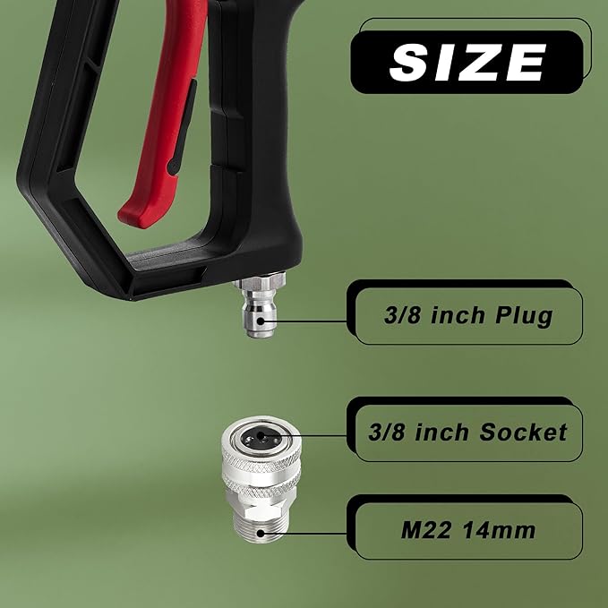 Short Pressure Washer Gun with Swivel, 1/4" Automatic Quick Connector Power Washer Handle with 3/8" Swivel Male Plug Coupler, Addition M22-14mm Adapter