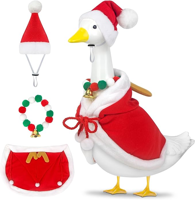 Christmas Porch Goose Outfits Mrs. Claus Goose Clothes Fits 23" Plastic Cement Statues, Red Cloak Goose Outfit Costume with Bell Necklace and Hat for Outdoor Garden Patio Yard Lawn Party Decoration