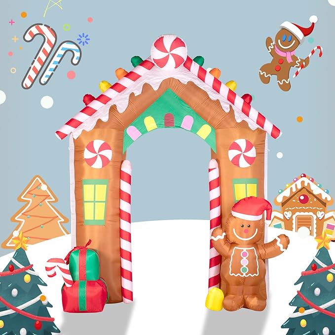 Hioasis 10 FT Christmas Inflatable Decorations - Archway with Gingerbread Man and Gift Box Outdoor Inflatables with LED Lights Perfect for Christmas Party & Yard