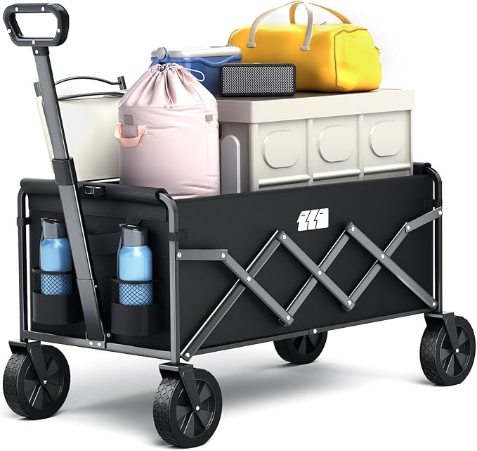Collapsible Foldable Wagon, Folding Wagon with Wheel Heavy Duty with 180lbs Weight Capacity Lightweight Utility Camping Cart for Groceries Garden Beach Sports Fishing (Black)
