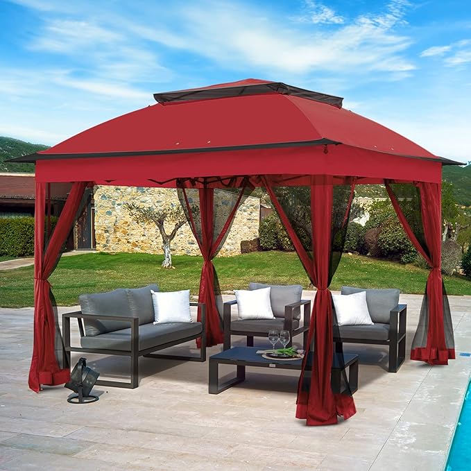 11x11 Outdoor Pop up Gazebo Tent with Mesh Walls for Patio, Lawn, Backyard and Deck, Red