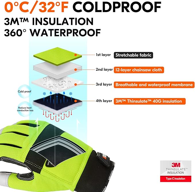Vgo... 1Pair Chainsaw Winter Gloves,12-Layer Chainsaw Protection on Left Hands Back,Goat leather(XL,Hi-Viz Green,GA8912FWCS)