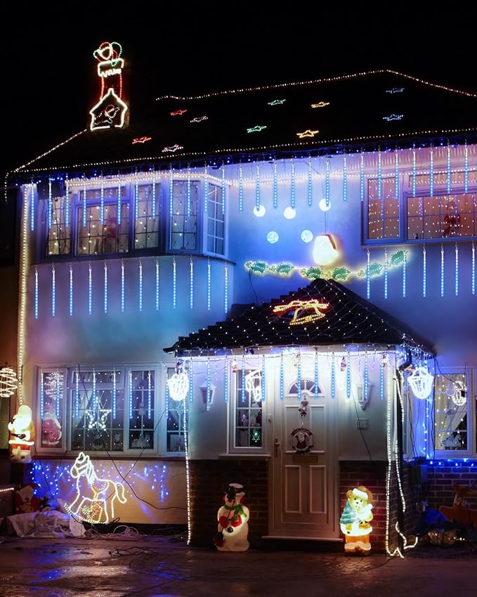 Blue 20 Tubes Meteor Shower Icicle Lights 480 LED Raindrop Lights with Timer Function Cascading Falling Rain Light for Holiday Party Christmas Decorations