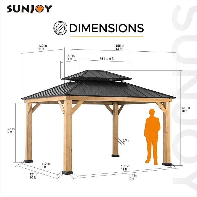 SUNJOY 11 x 13 ft. Wood Gazebo Cedar Framed Gaezbos with Black Double Steel Hardtop Roof for Garden, Backyard Shade, Matte Black Roof + Natural Wood Frame