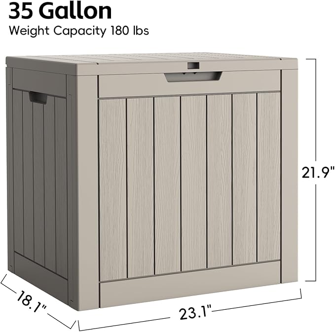 Outdoor Storage Box, Deck Box Waterproof 35 Gallon, Resin Outside Storage, Storage Bin for Package Delivery, Patio Furniture Cushion, Pool Accessories, Weatherproof and UV Resistant, Grey