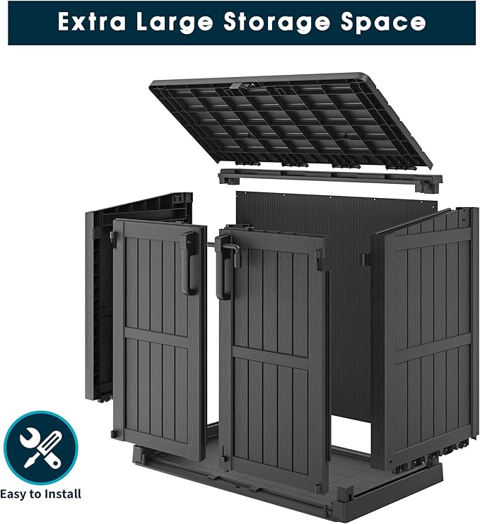 KAMABOKO Outdoor Storage Cabinet 36 Cu.Ft Outdoor Trash Can Storage Shed Waterproof Horizontal Storage Shed Outdoor Storage for Backyard, Patio, Poolside (Black)