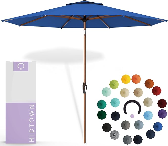 Midtown Umbrellas Sunbrella Umbrella Outdoor Patio Umbrella 2-8 Feet in Dark Blue Acrylic Fabric - Auto-Tilt Aluminum Frame For Backyard Umbrella, Deck Umbrella & Porch Umbrella - Wooden Pole