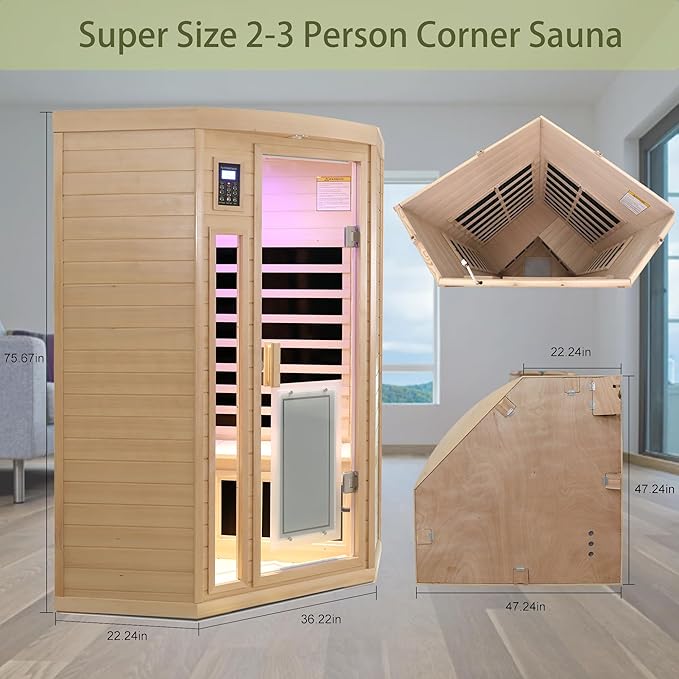 2-3 Person Infrared Sauna, 0-5mg Low EMF Infrared Saunas for Home, Indoor Home Sauna Spa, Hemlock Wooden Corner Sauna Room, Bluetooth Speakers, Chromotherapy Lights
