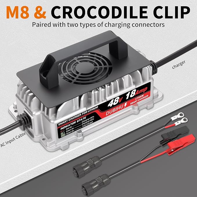 58.4V 18A Lithium Battery Charger for 48V LiFePO4 Battery, Waterproof Connector with M8 Ring & Alligator Clip, for Golf Carts, RVs, 48V Trolling Motors